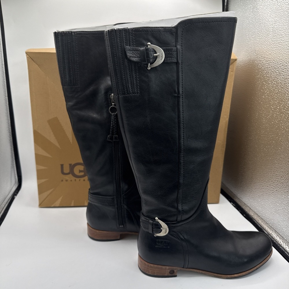 UGG 1921 Amberlee Leather Riding Boots Size 7.5‎ Black Tall Side Zip Buckles